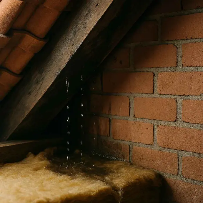 Wasser tropft durch undichtes Ziegeldach auf nasse Dämmung im Dachboden Wasser tropft durch undichtes Ziegeldach auf nasse Dämmung im Dachboden