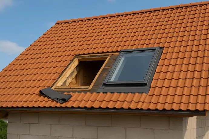 Austausch eines Dachflächenfensters auf einem Ziegeldach bei einem Einfamilienhaus in Schwaz, Tirol – neues Fenster bereits montiert, alte Öffnung noch sichtbar Austausch eines Dachflächenfensters auf einem Ziegeldach bei einem Einfamilienhaus in Schwaz, Tirol – neues Fenster bereits montiert, alte Öffnung noch sichtbar