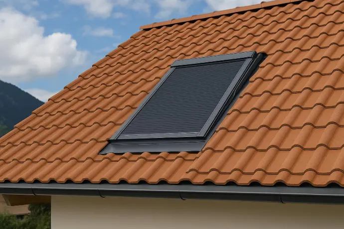 Dachflächenfenster mit geschlossenem Sonnenschutz auf Ziegeldach eines Einfamilienhauses in Schwaz, Tirol – moderne Dachlösung mit Rollladen Dachflächenfenster mit geschlossenem Sonnenschutz auf Ziegeldach eines Einfamilienhauses in Schwaz, Tirol – moderne Dachlösung mit Rollladen