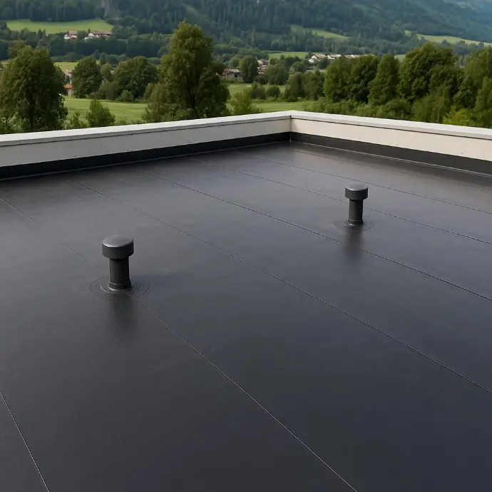 Schwarzdach mit schwarzer Folienabdichtung auf Flachdach – zwei Lüftungsdurchführungen und umlaufende Attika mit Blick ins Tiroler Unterland Schwarzdach mit schwarzer Folienabdichtung auf Flachdach – zwei Lüftungsdurchführungen und umlaufende Attika mit Blick ins Tiroler Unterland