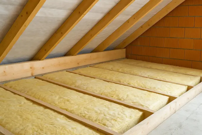 Zwischendachdämmung mit Mineralwolle im Dachboden eines Neubaus – Dämmmaterial zwischen Holzbalken, luftdicht mit Dampfbremse ausgeführt Zwischendachdämmung mit Mineralwolle im Dachboden eines Neubaus – Dämmmaterial zwischen Holzbalken, luftdicht mit Dampfbremse ausgeführt