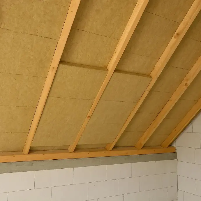 Untersparrendämmung mit Mineralwolldämmplatten zwischen Holzlatten an der Dachinnenseite eines Neubaus in Tirol Untersparrendämmung mit Mineralwolldämmplatten zwischen Holzlatten an der Dachinnenseite eines Neubaus in Tirol